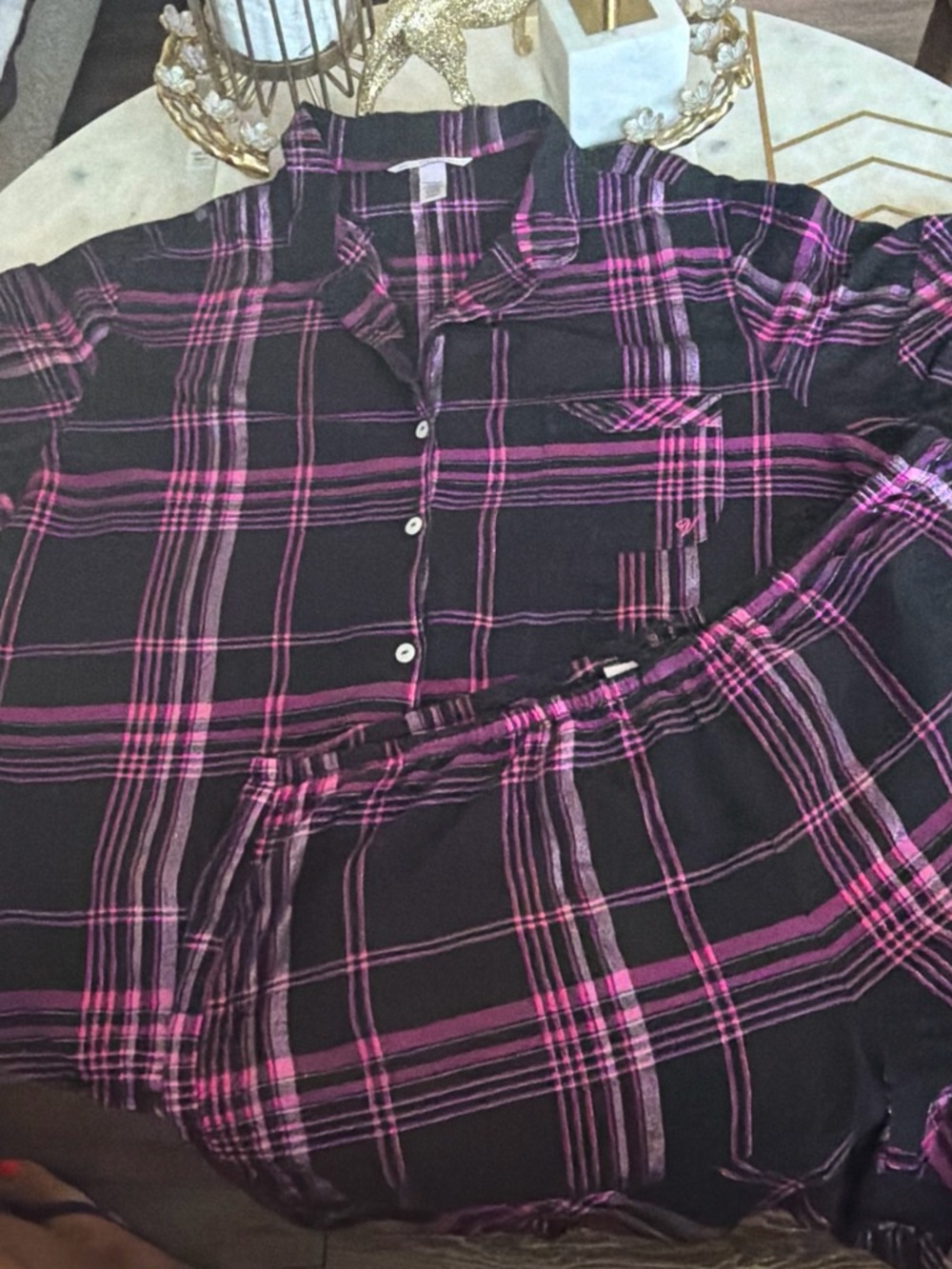 Victoria's Secret Black and Pink Plaid Casual Button-Down Shirt